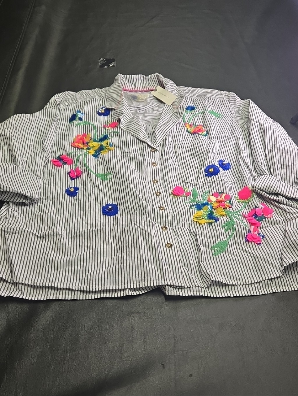 Anthropologie Striped Button-Front Blouse With Multicolor Floral Embroidery